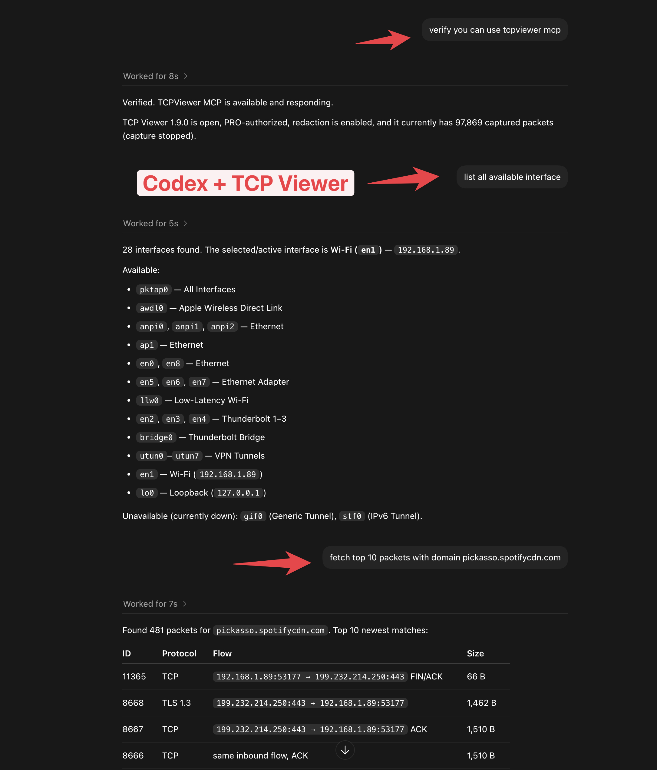 TCP Viewer MCP with Codex Codex querying TCP Viewer through MCP